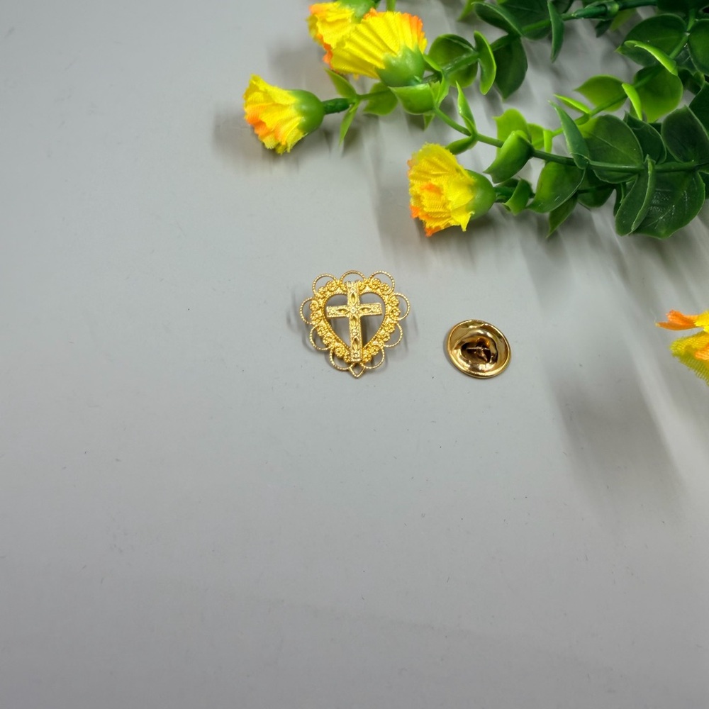 Vintage Gold Plated Cross and Heart Brooch